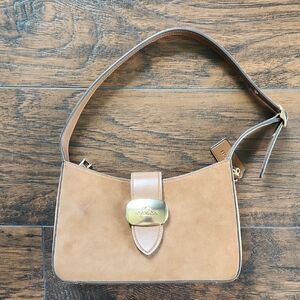 Coach Suede Tan Shoulder Bag with Flap Closure